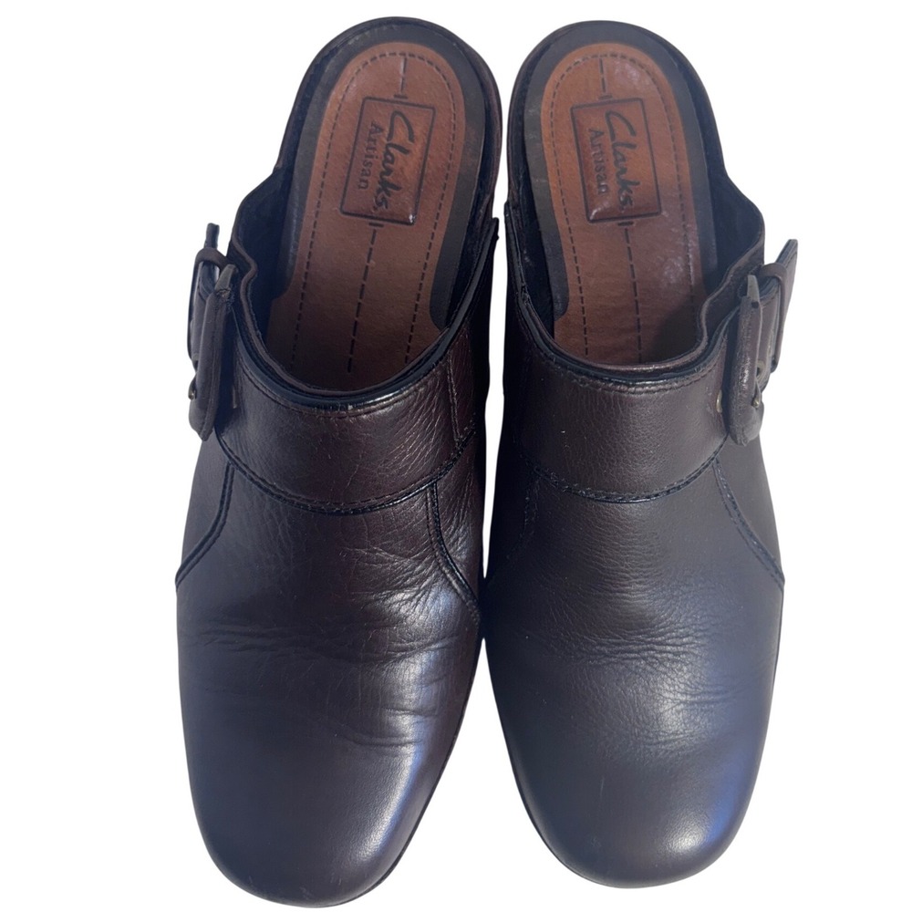 Clarks Artisan Womens Brown Leather Buckle Block Heel Mules Clogs Size 9M 85068